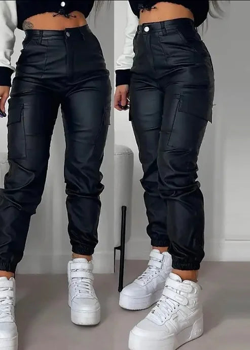 High Waist Pocket Leather Design Pants