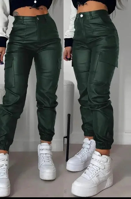 High Waist Pocket Leather Design Pants