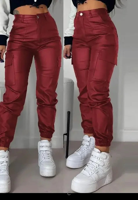 High Waist Pocket Leather Design Pants