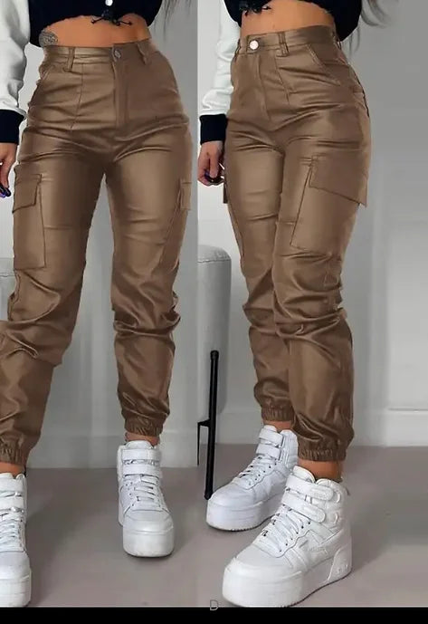 High Waist Pocket Leather Design Pants