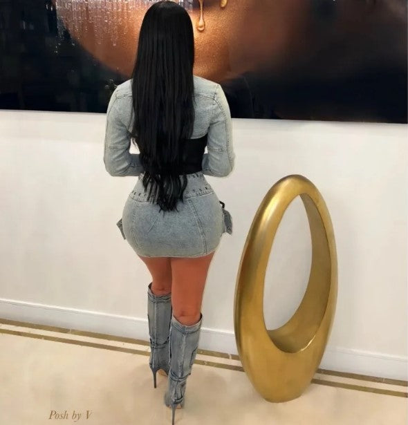 Denim Skirt Set Buckle Long Sleeve Jackets Crop