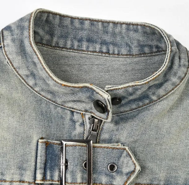 Denim Skirt Set Buckle Long Sleeve Jackets Crop