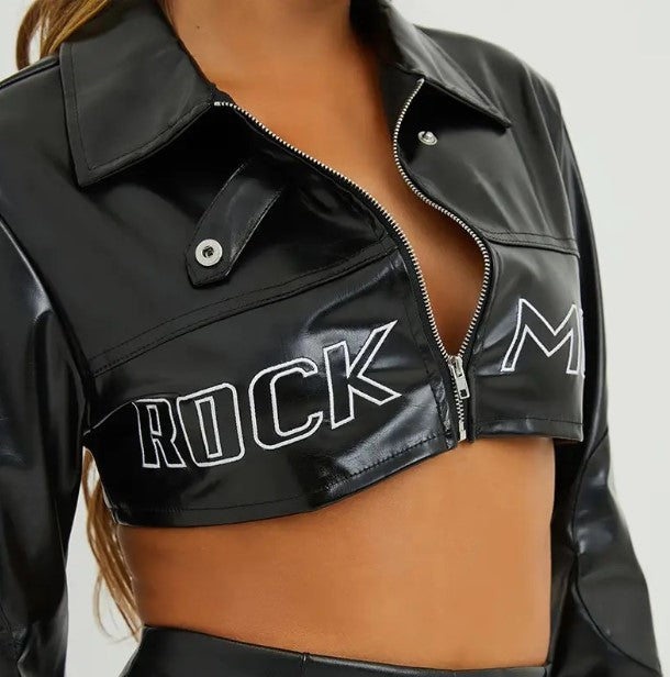 Letter Print Jacket Cut Buckle Zipper