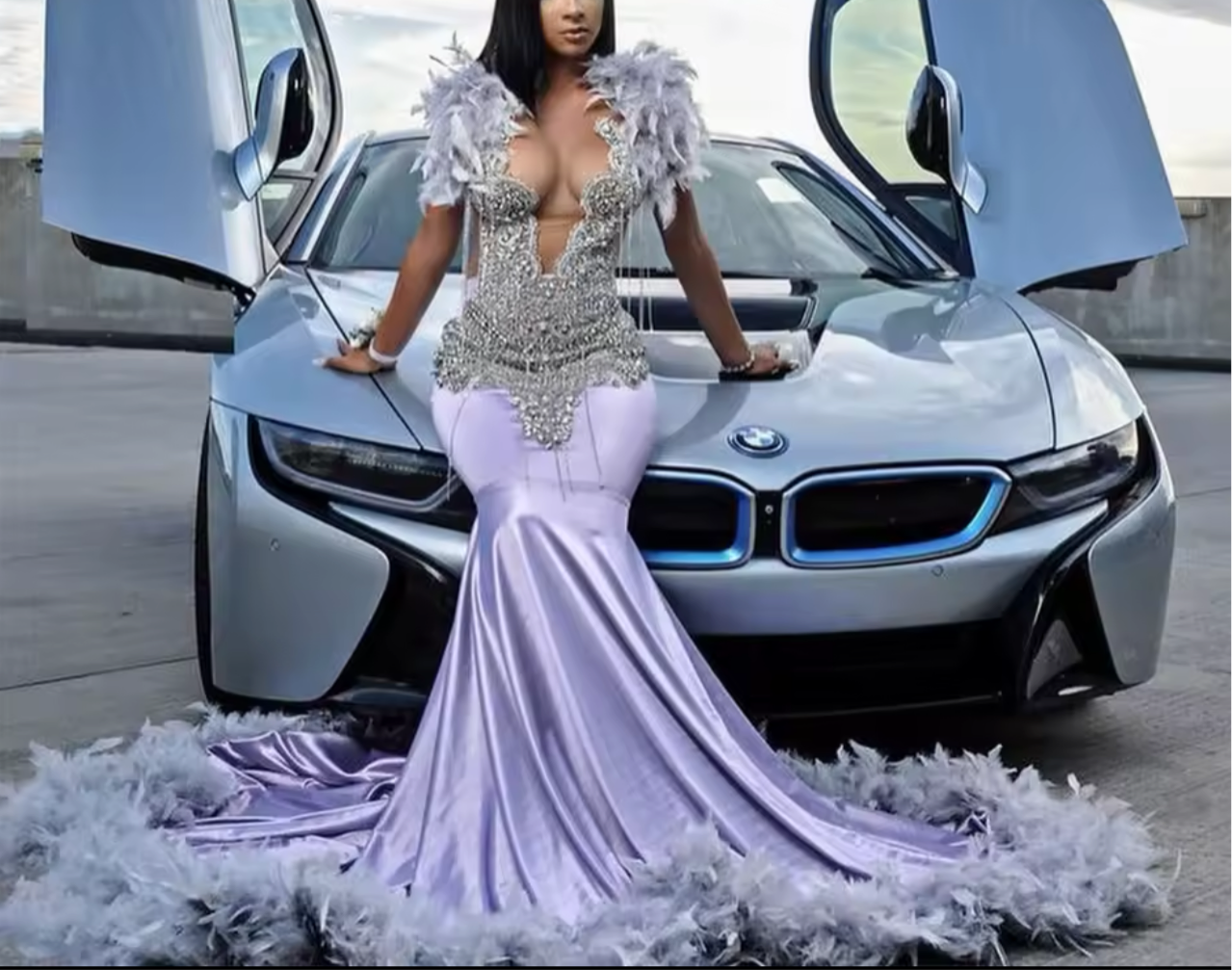 Grey Purplish Feathers Silver Prom Dress