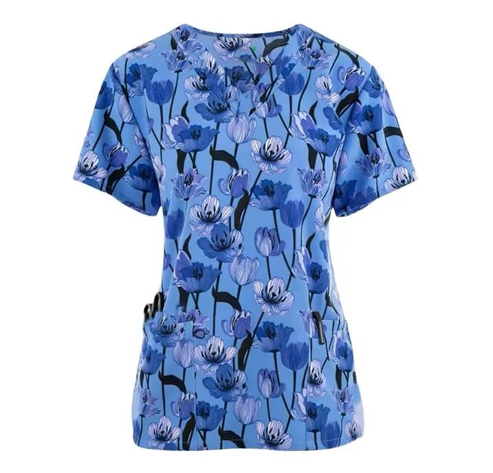 Print Scrubs Top Women with Pockets V-Neck Scrub Uniforms