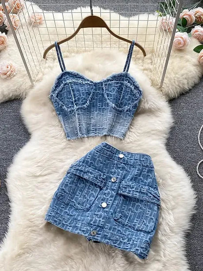 Women Summer Sexy Denim Set Strapless Sling Zipper