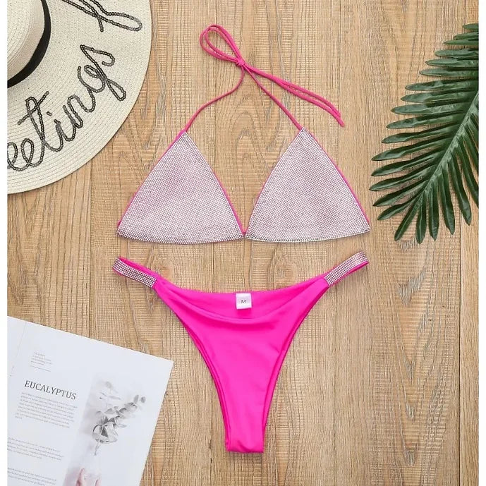 Women Sexy Pink Rhinestone luxury swimsuit