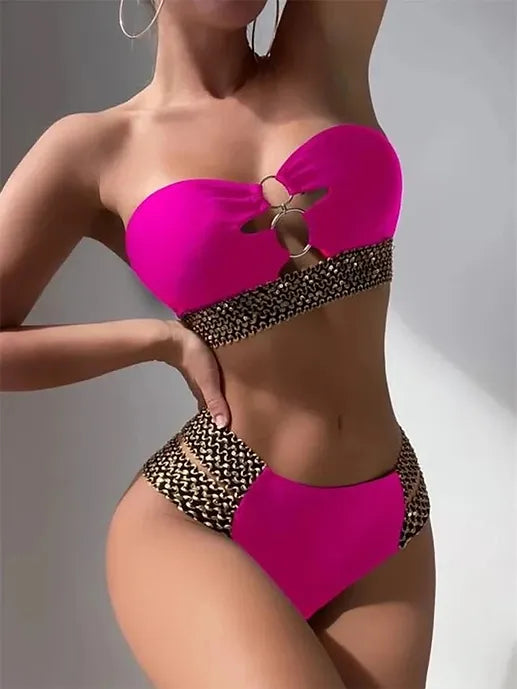 Sexy Strapless Bikini Women Metal Chain Swimsuit