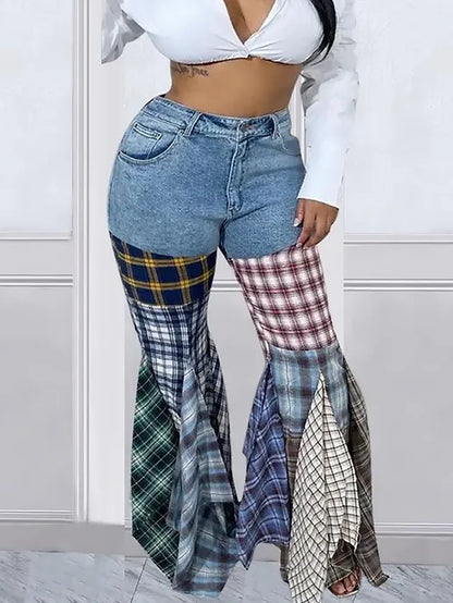 High Waisted Plaid Print Flare Bell Bottom Jeans