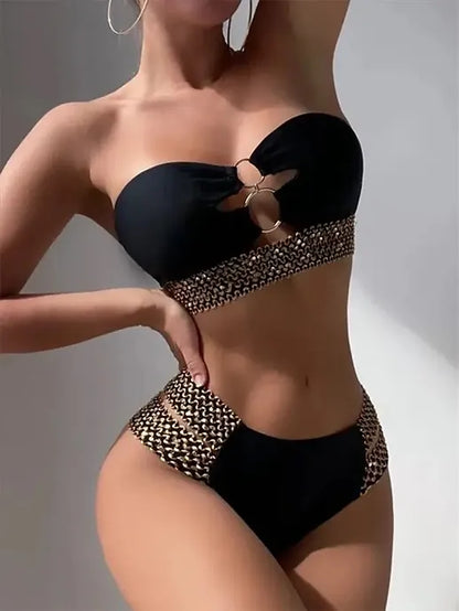 Sexy Strapless Bikini Women Metal Chain Swimsuit