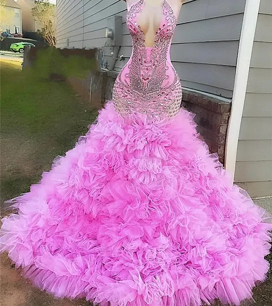 Sparkly Pink O Neck Long Prom Dress