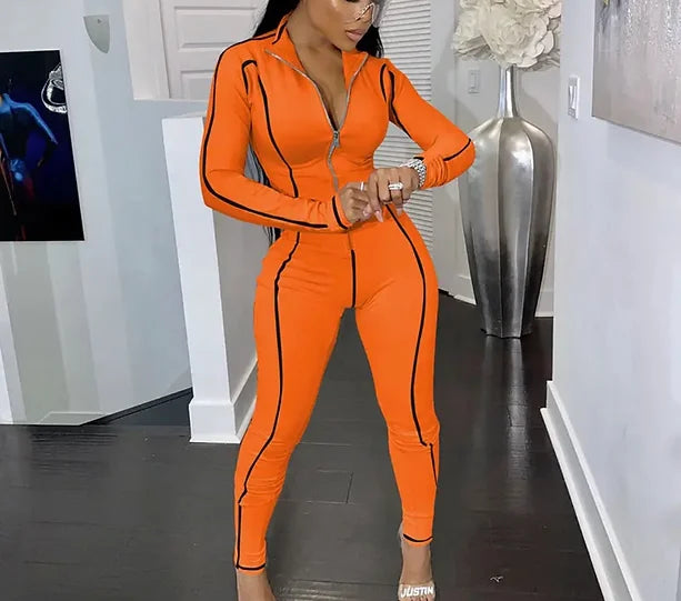 Striped Zipper Turn-down Collar Long Sleeve Jumpsuit