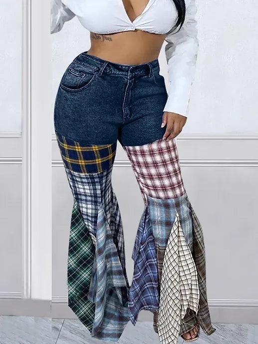 High Waisted Plaid Print Flare Bell Bottom Jeans