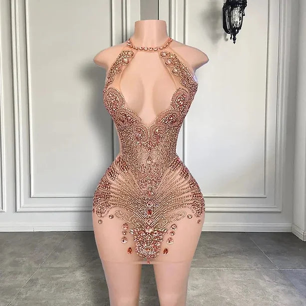 Luxury Rose Gold Pearls Mini Dress