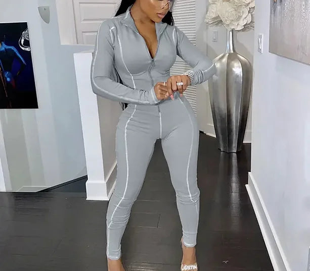 Striped Zipper Turn-down Collar Long Sleeve Jumpsuit