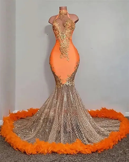 Orange Sparkly Beads Feather Luxury Dress