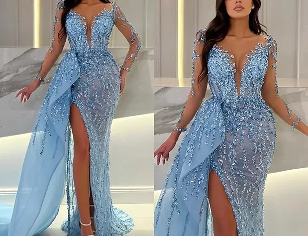 Sexy Sky Blue Mermaid Evening Dresses