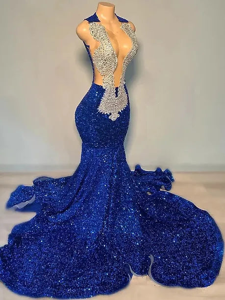 Sheer Royal Blue Fancy Dress Prom