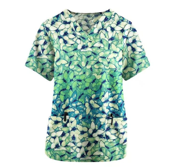 Print Scrubs Top Women with Pockets V-Neck Scrub Uniforms