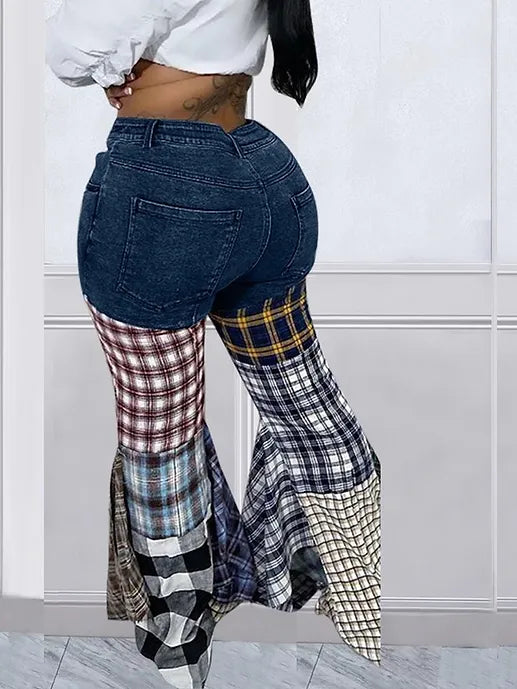 High Waisted Plaid Print Flare Bell Bottom Jeans