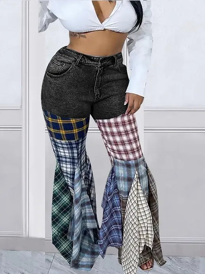 High Waisted Plaid Print Flare Bell Bottom Jeans