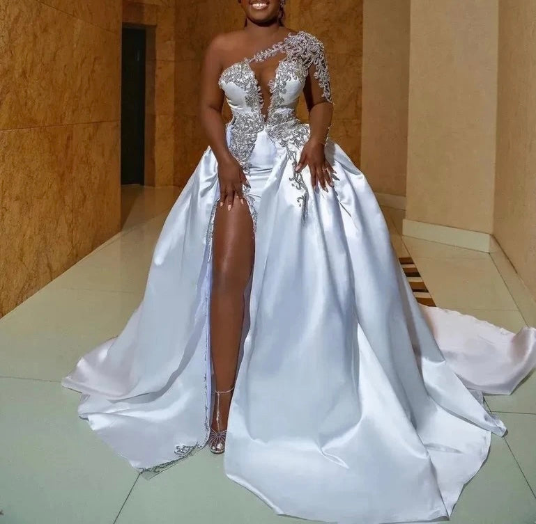 African Sexy High Split White Wedding Dresses