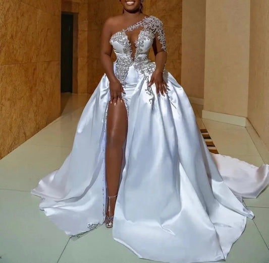 African Sexy High Split White Wedding Dresses