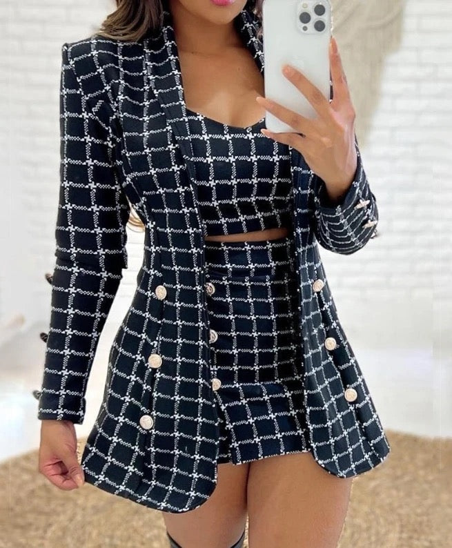 Elegant 3Pcs Plaid Print Blazer Coat & Skirt Set