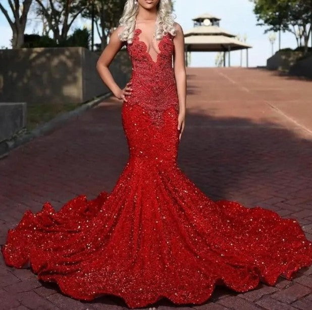 Red Sparkly Long Mermaid Dress