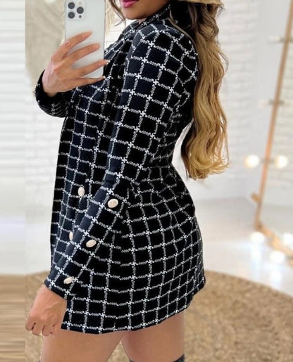 Elegant 3Pcs Plaid Print Blazer Coat & Skirt Set