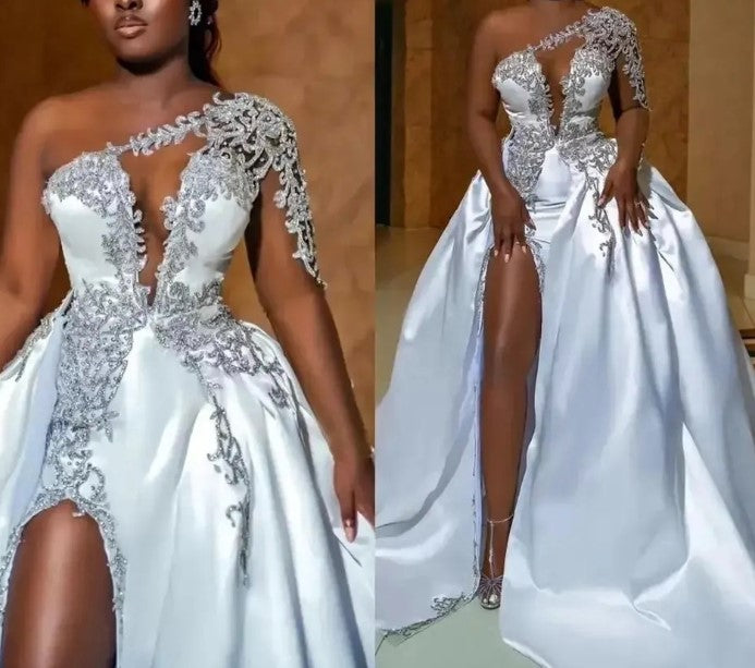 African Sexy High Split White Wedding Dresses