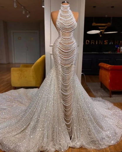 Luxury Women Wedding Dress Pearls Sequins Bridal Gown