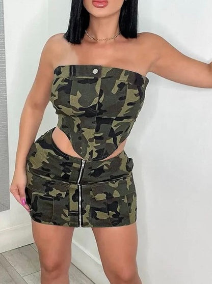 Camouflage Women's Set Bowknot Open Side Tops and Cargo Shorts