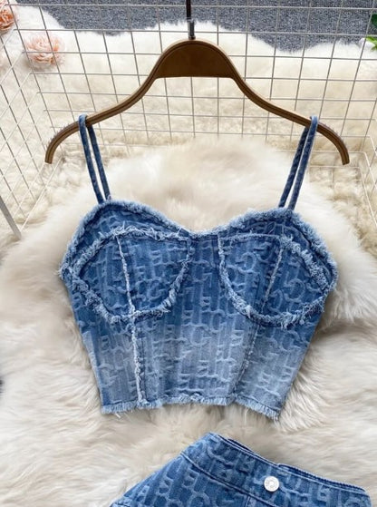 Women Summer Sexy Denim Set Strapless Sling Zipper