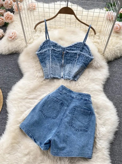 Women Summer Sexy Denim Set Strapless Sling Zipper