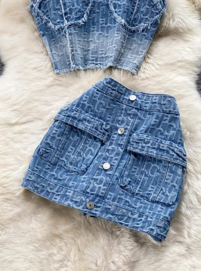 Women Summer Sexy Denim Set Strapless Sling Zipper